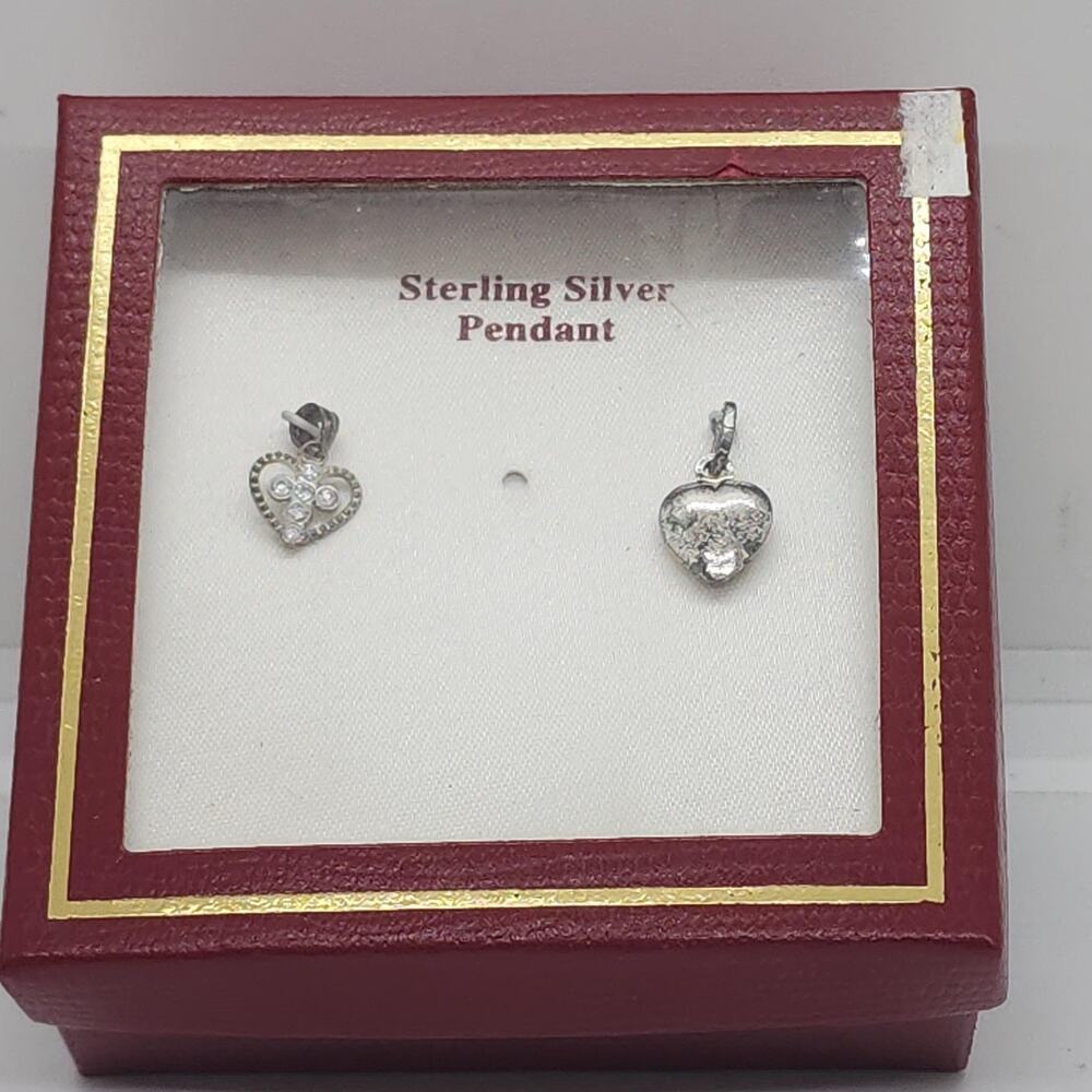 Vintage Sterling Silver 925 Puffy Heart & Rhinestone Cross Heart Set 2 NIB NOS